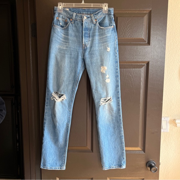 Levi's 501’s Blue Distressed Women's Straight Jeans - Picture 2 of 7